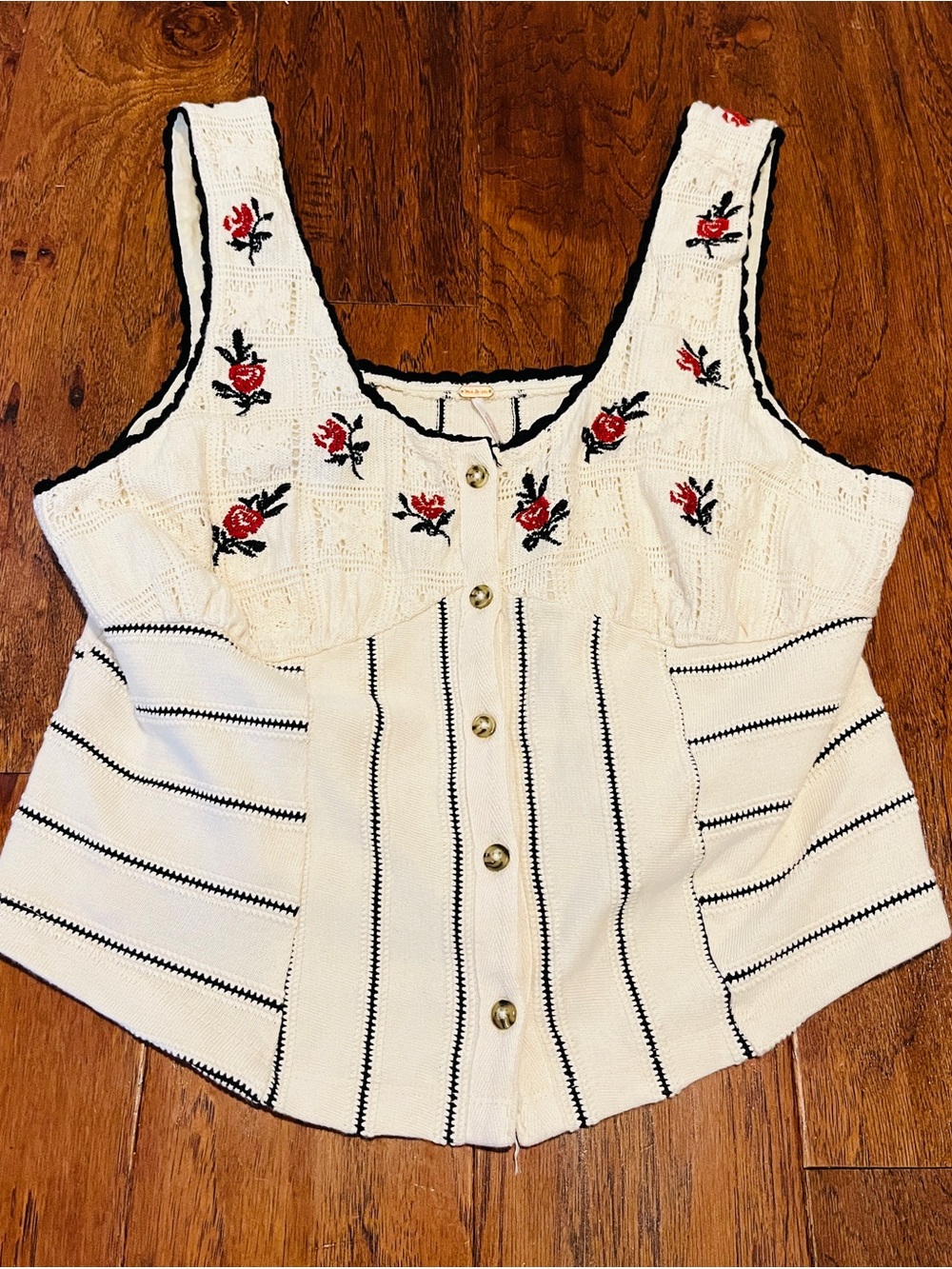 Free People Cream Knit Embroidered Rose Tank